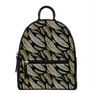 Gold And Black Feather Pattern Print Leather Backpack