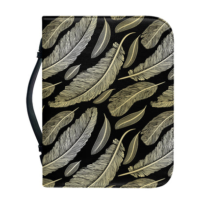 Gold And Black Feather Pattern Print Leather Bible Cover