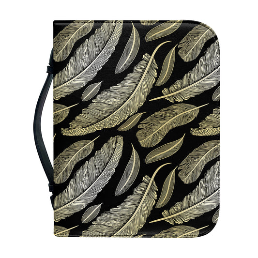 Gold And Black Feather Pattern Print Leather Bible Cover