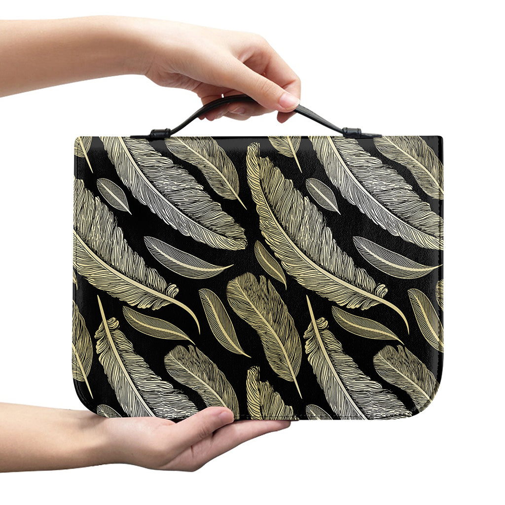 Gold And Black Feather Pattern Print Leather Bible Cover