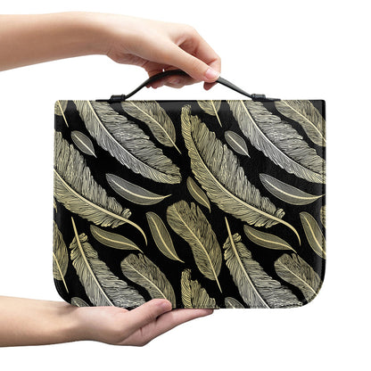 Gold And Black Feather Pattern Print Leather Bible Cover