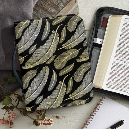 Gold And Black Feather Pattern Print Leather Bible Cover
