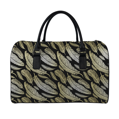 Gold And Black Feather Pattern Print Leather Duffle Bag