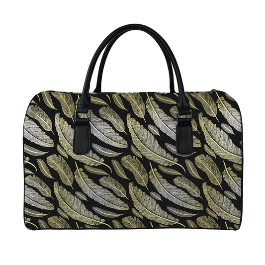 Gold And Black Feather Pattern Print Leather Duffle Bag