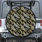 Gold And Black Feather Pattern Print Leather Spare Tire Cover