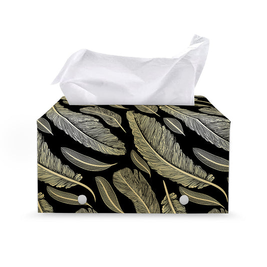 Gold And Black Feather Pattern Print Leather Tissue Box Cover