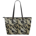 Gold And Black Feather Pattern Print Leather Tote Bag With Zipper