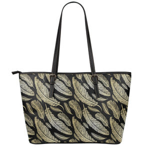 Gold And Black Feather Pattern Print Leather Tote Bag