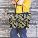 Gold And Black Feather Pattern Print Leather Tote Bag