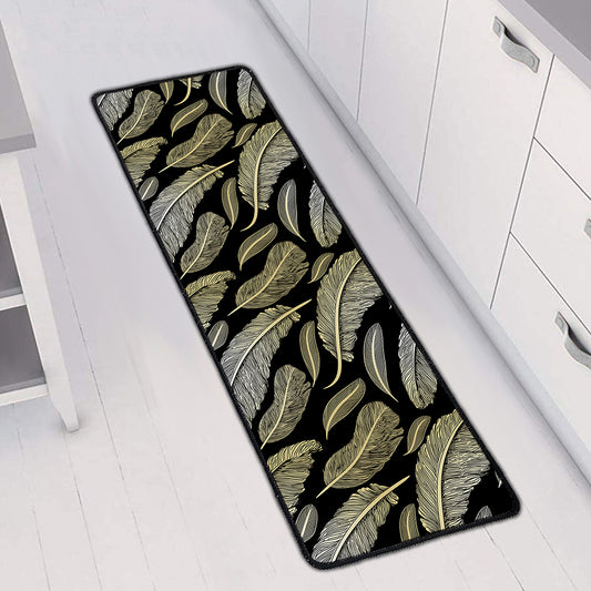 Gold And Black Feather Pattern Print Long Kitchen Mat