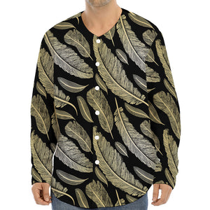 Gold And Black Feather Pattern Print Long Sleeve Baseball Jersey