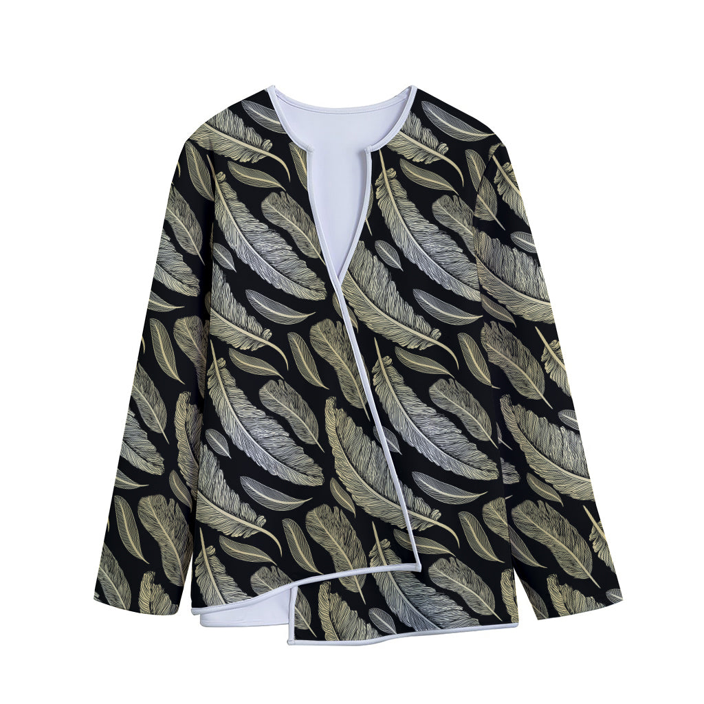 Gold And Black Feather Pattern Print Long Sleeve Short Coat