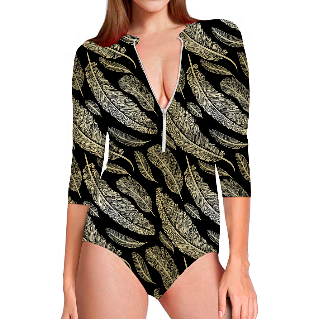 Gold And Black Feather Pattern Print Long Sleeve Swimsuit