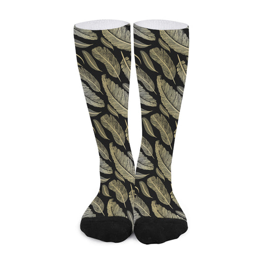 Gold And Black Feather Pattern Print Long Socks