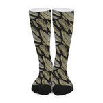Gold And Black Feather Pattern Print Long Socks