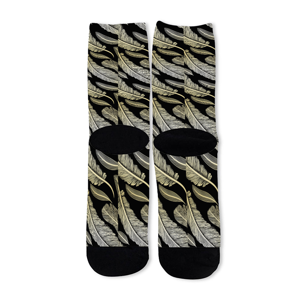 Gold And Black Feather Pattern Print Long Socks
