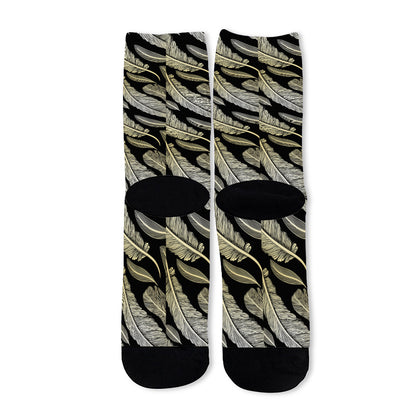 Gold And Black Feather Pattern Print Long Socks