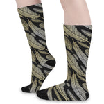 Gold And Black Feather Pattern Print Long Socks
