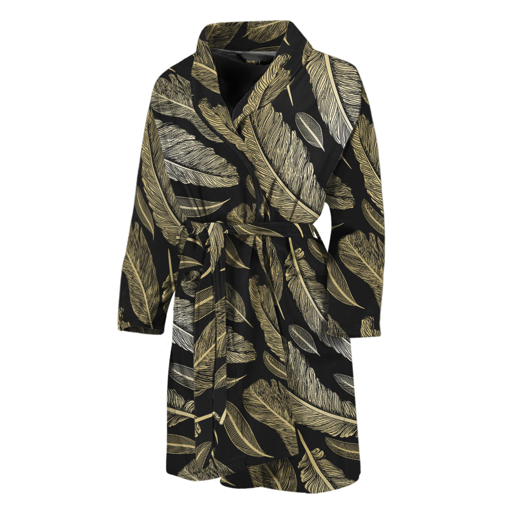 Gold And Black Feather Pattern Print Men's Bathrobe