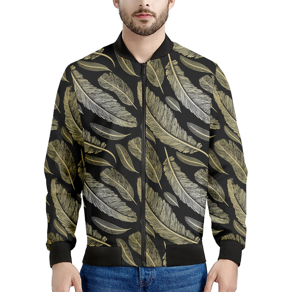 Gold And Black Feather Pattern Print Men's Bomber Jacket