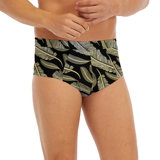 Gold And Black Feather Pattern Print Men's Briefs