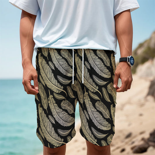 Gold And Black Feather Pattern Print Men's Cargo Shorts