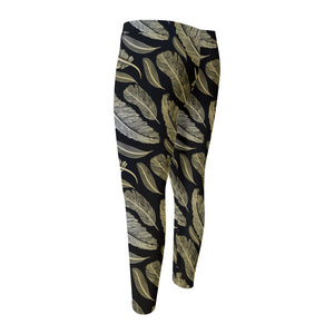 Gold And Black Feather Pattern Print Men's Compression Pants