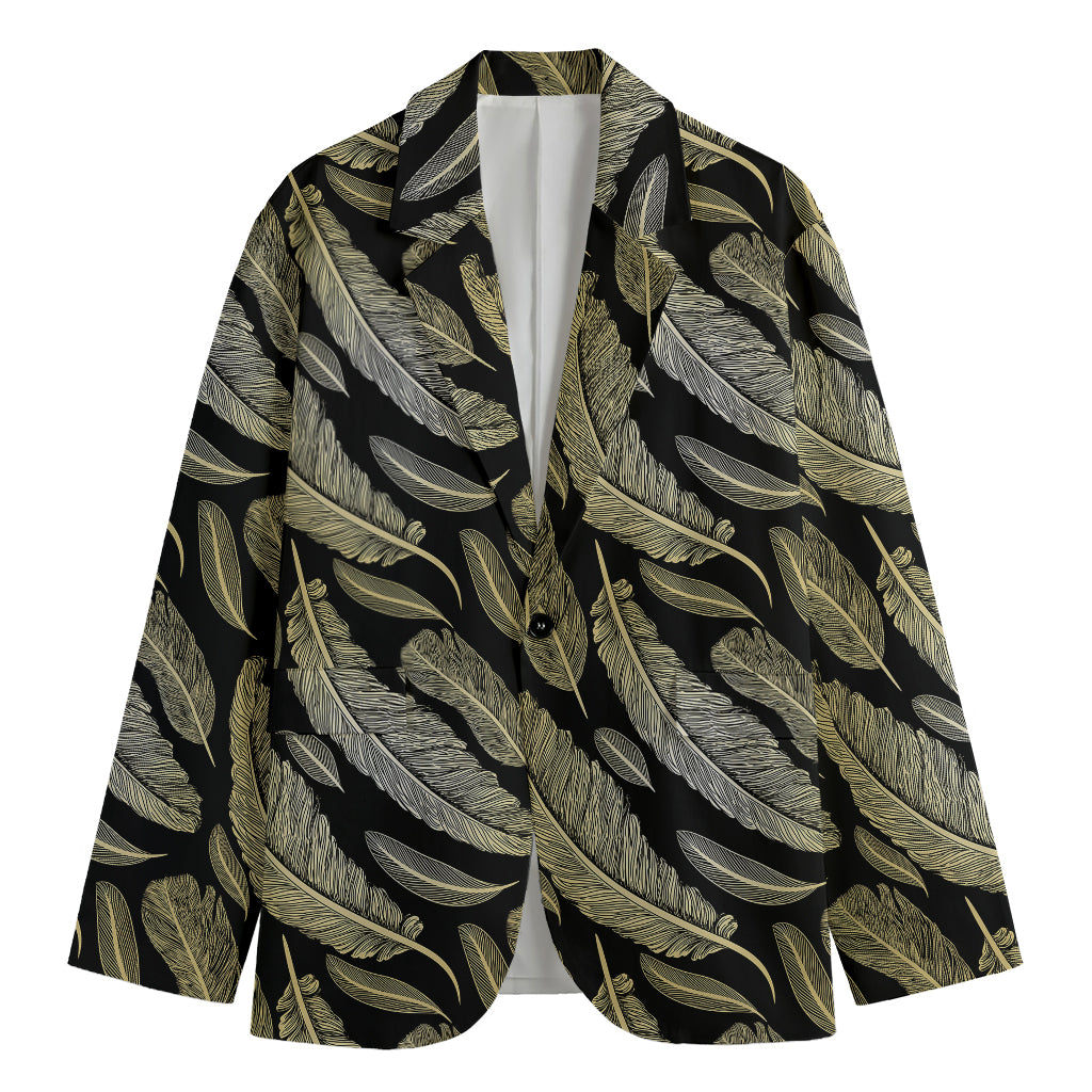 Gold And Black Feather Pattern Print Men's Cotton Blazer