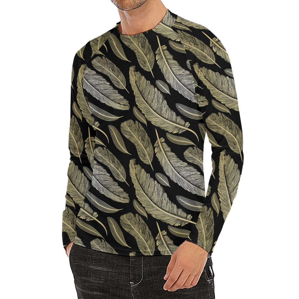 Gold And Black Feather Pattern Print Men's Long Sleeve Rash Guard