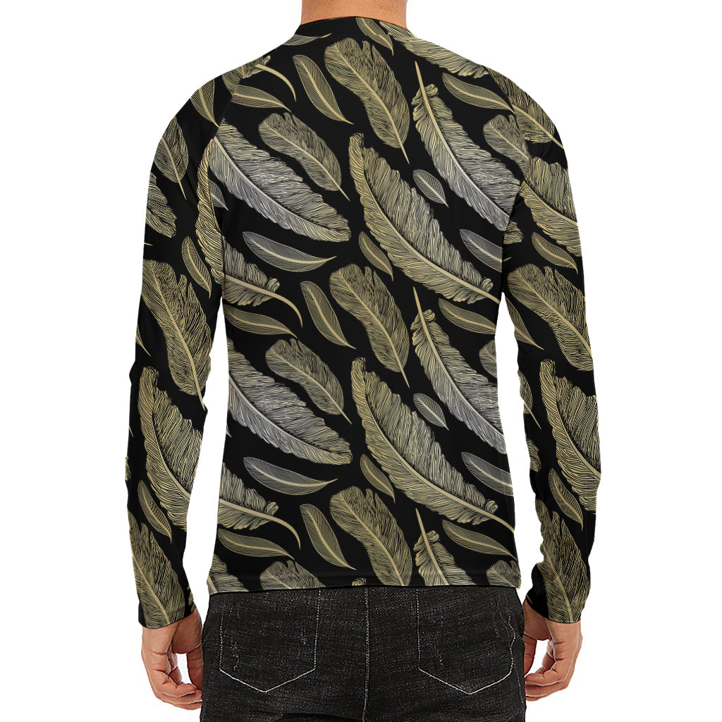 Gold And Black Feather Pattern Print Men's Long Sleeve Rash Guard