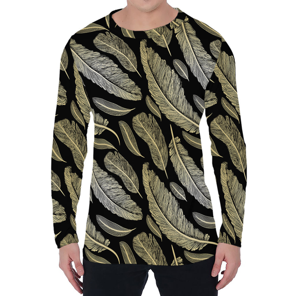 Gold And Black Feather Pattern Print Men's Long Sleeve T-Shirt