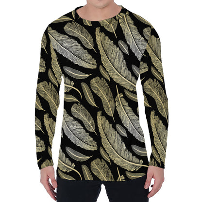 Gold And Black Feather Pattern Print Men's Long Sleeve T-Shirt