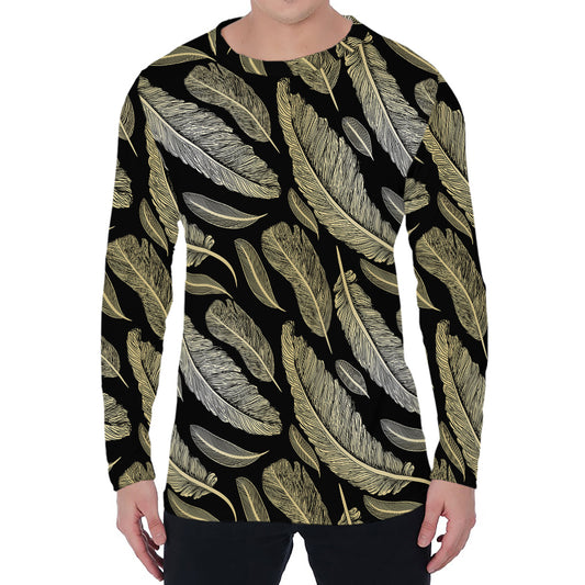 Gold And Black Feather Pattern Print Men's Long Sleeve T-Shirt