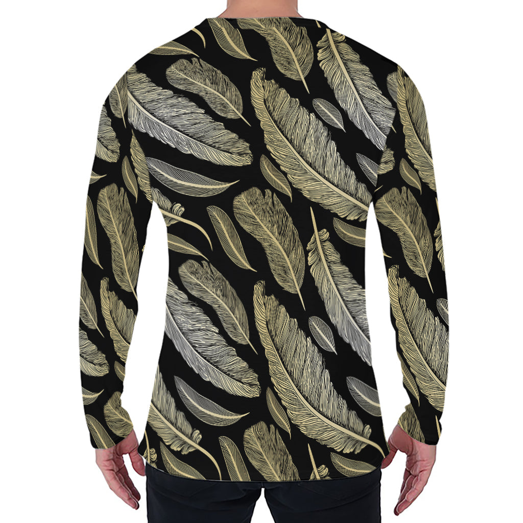 Gold And Black Feather Pattern Print Men's Long Sleeve T-Shirt