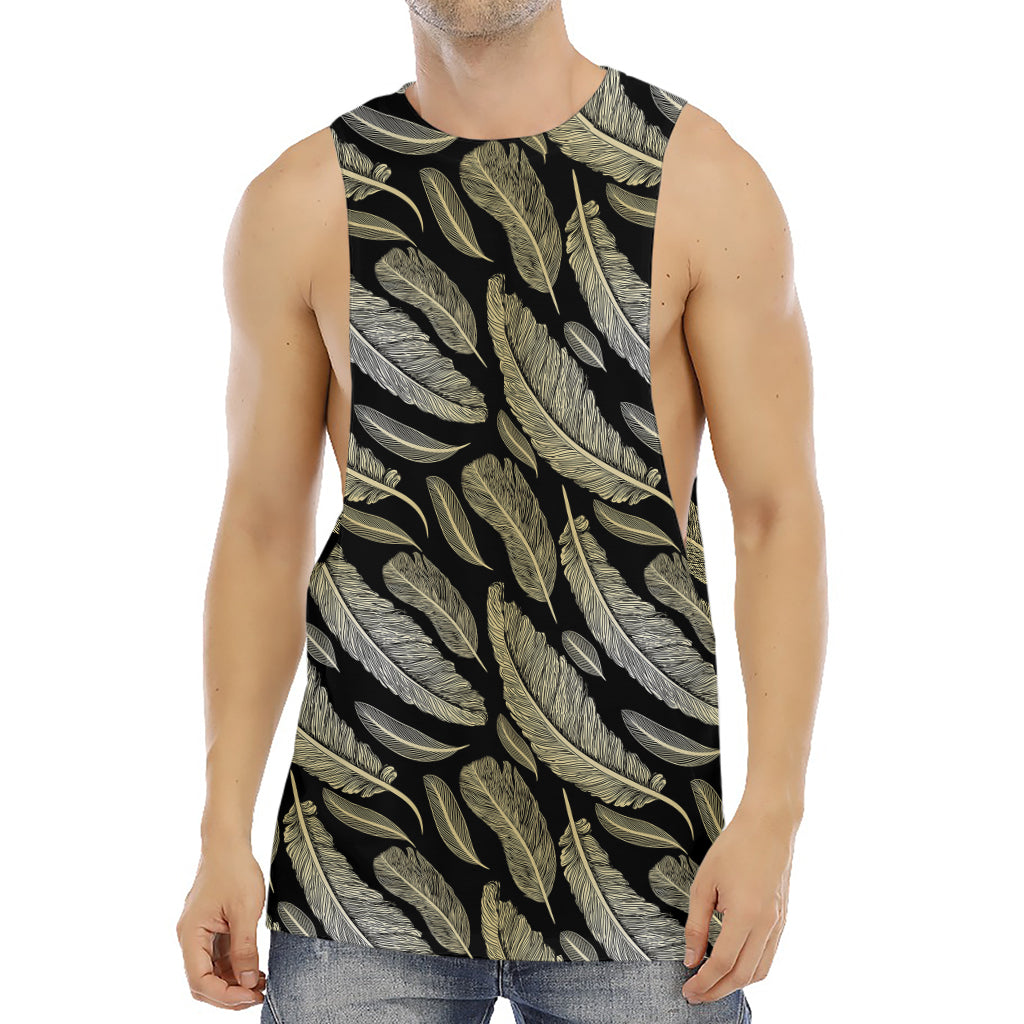 Gold And Black Feather Pattern Print Men's Muscle Tank Top