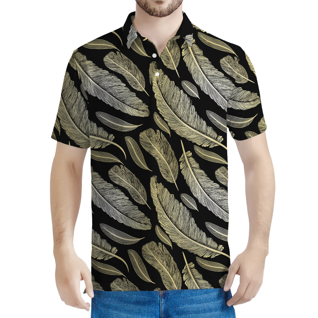 Gold And Black Feather Pattern Print Men's Polo Shirt