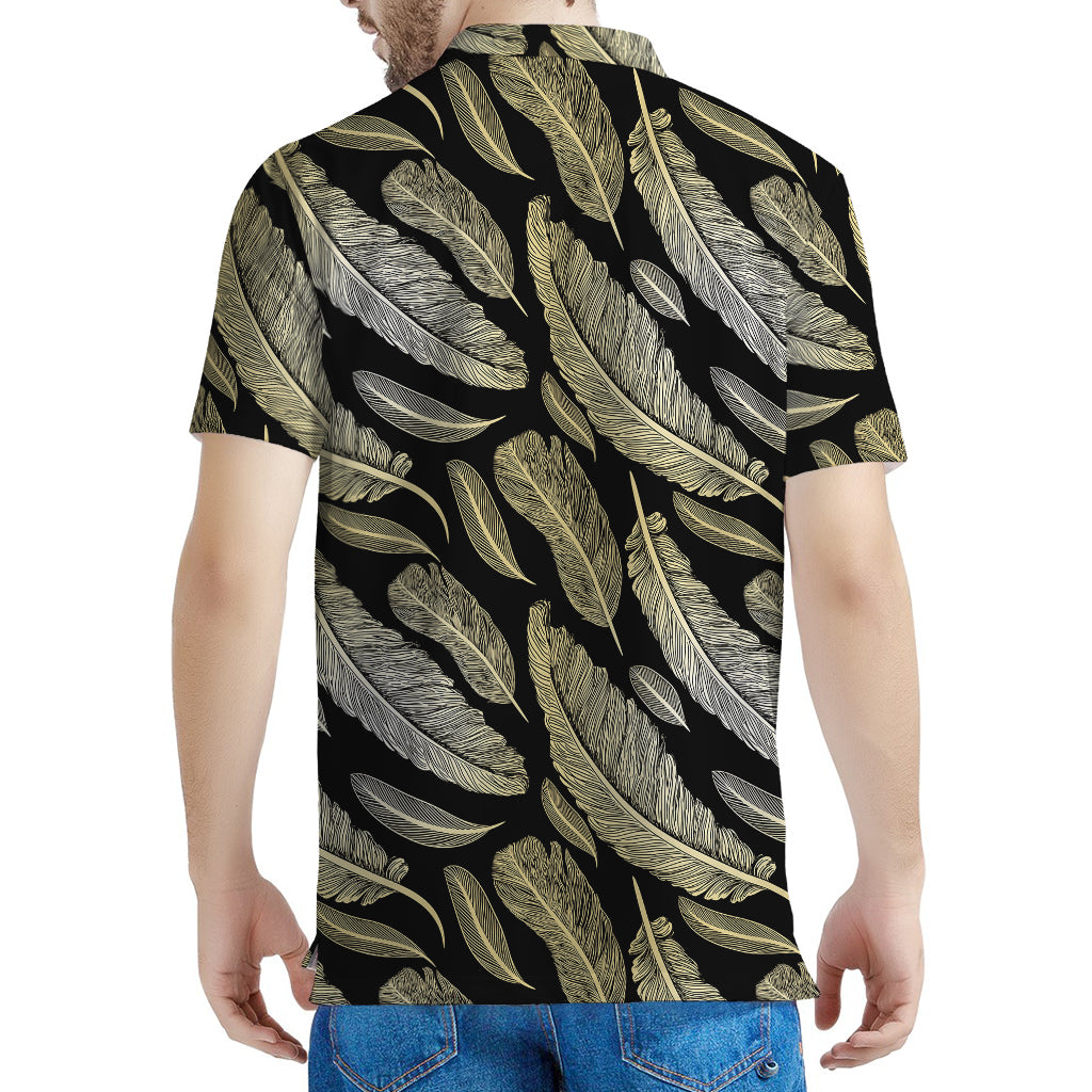 Gold And Black Feather Pattern Print Men's Polo Shirt