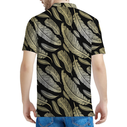Gold And Black Feather Pattern Print Men's Polo Shirt