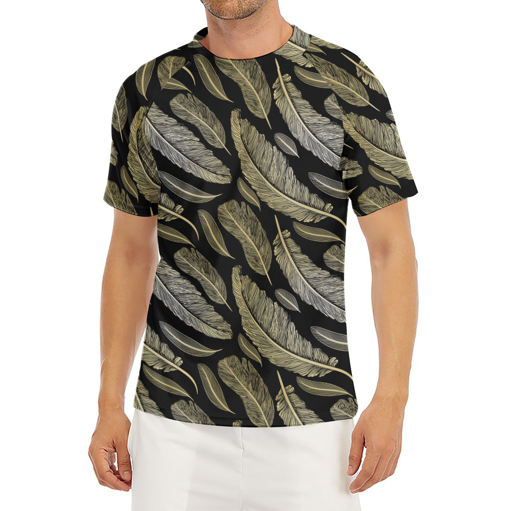 Gold And Black Feather Pattern Print Men's Short Sleeve Rash Guard