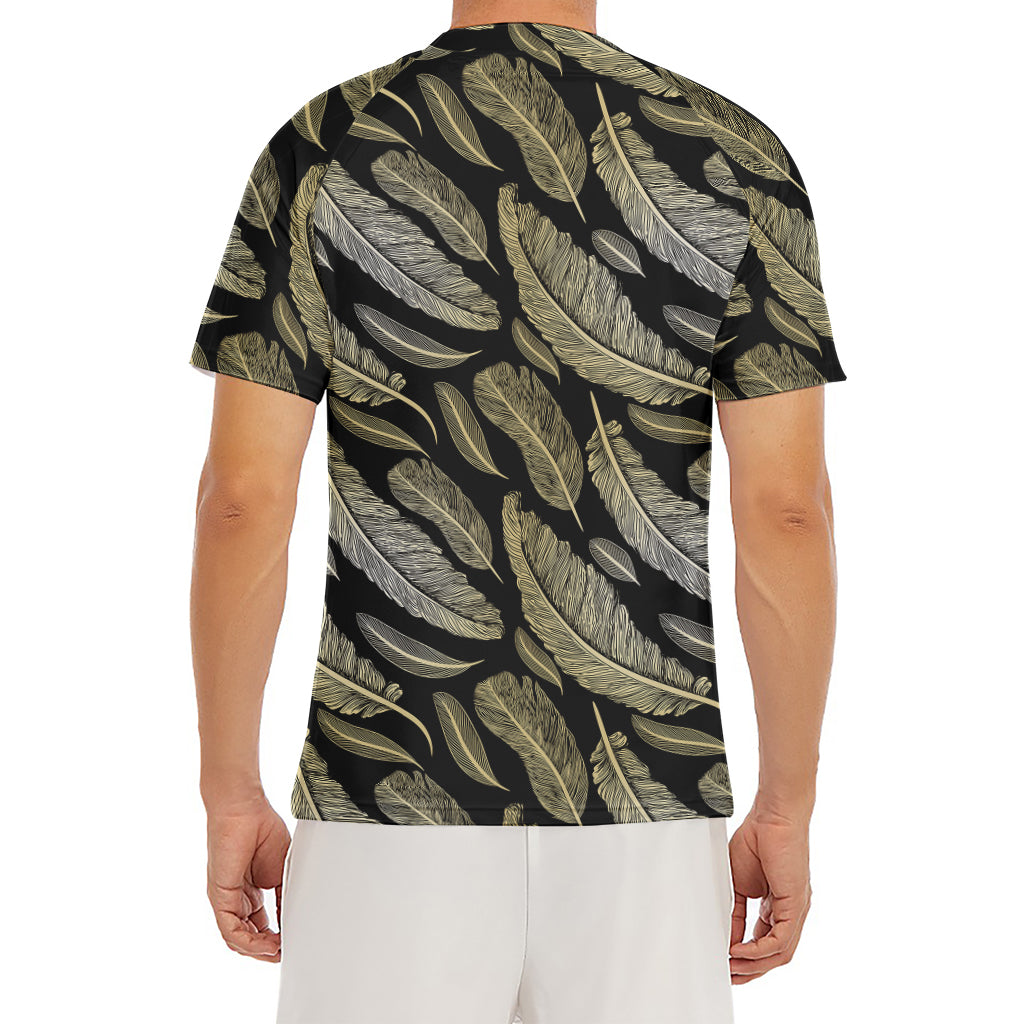 Gold And Black Feather Pattern Print Men's Short Sleeve Rash Guard