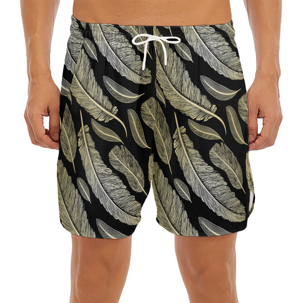 Gold And Black Feather Pattern Print Men's Split Running Shorts