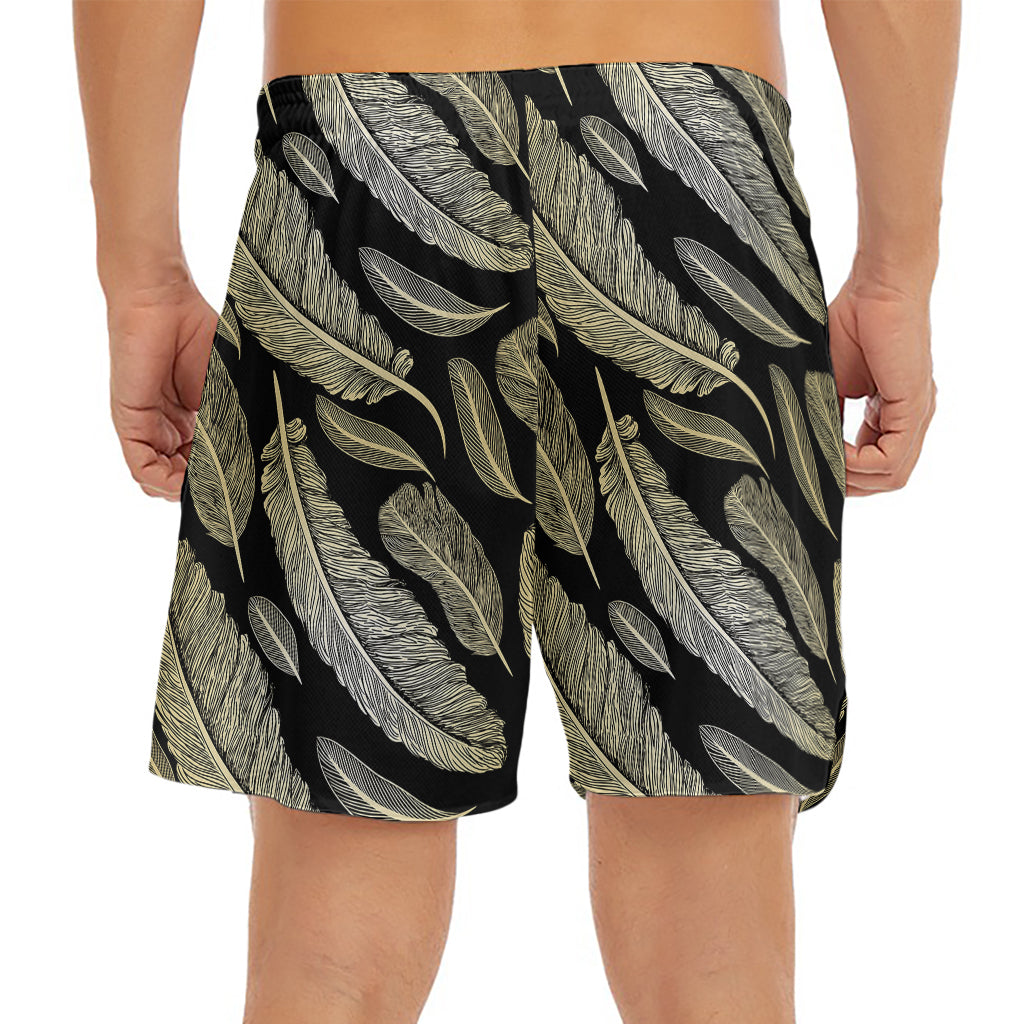 Gold And Black Feather Pattern Print Men's Split Running Shorts