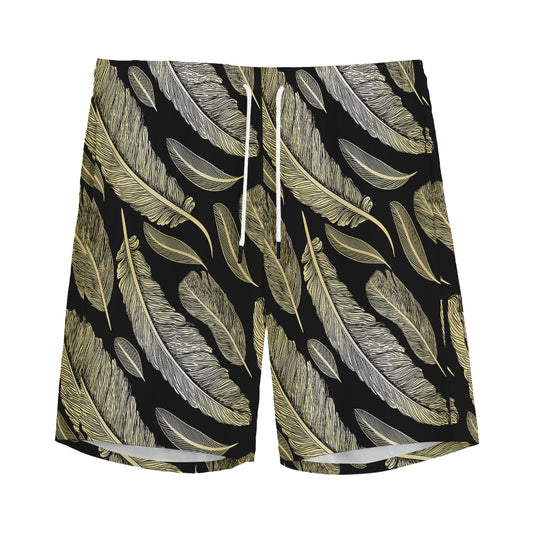 Gold And Black Feather Pattern Print Men's Sports Shorts