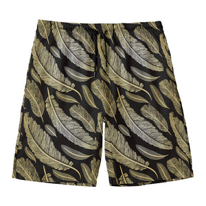 Gold And Black Feather Pattern Print Men's Swim Trunks