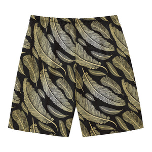 Gold And Black Feather Pattern Print Men's Swim Trunks