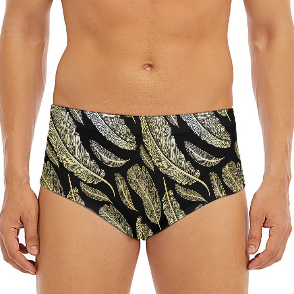Gold And Black Feather Pattern Print Men's Triangle Swim Briefs
