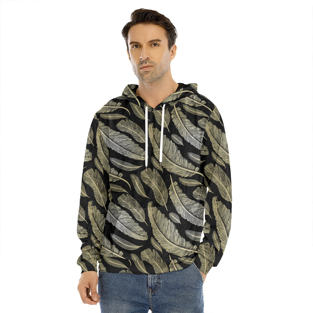 Gold And Black Feather Pattern Print Men's Velvet Pullover Hoodie