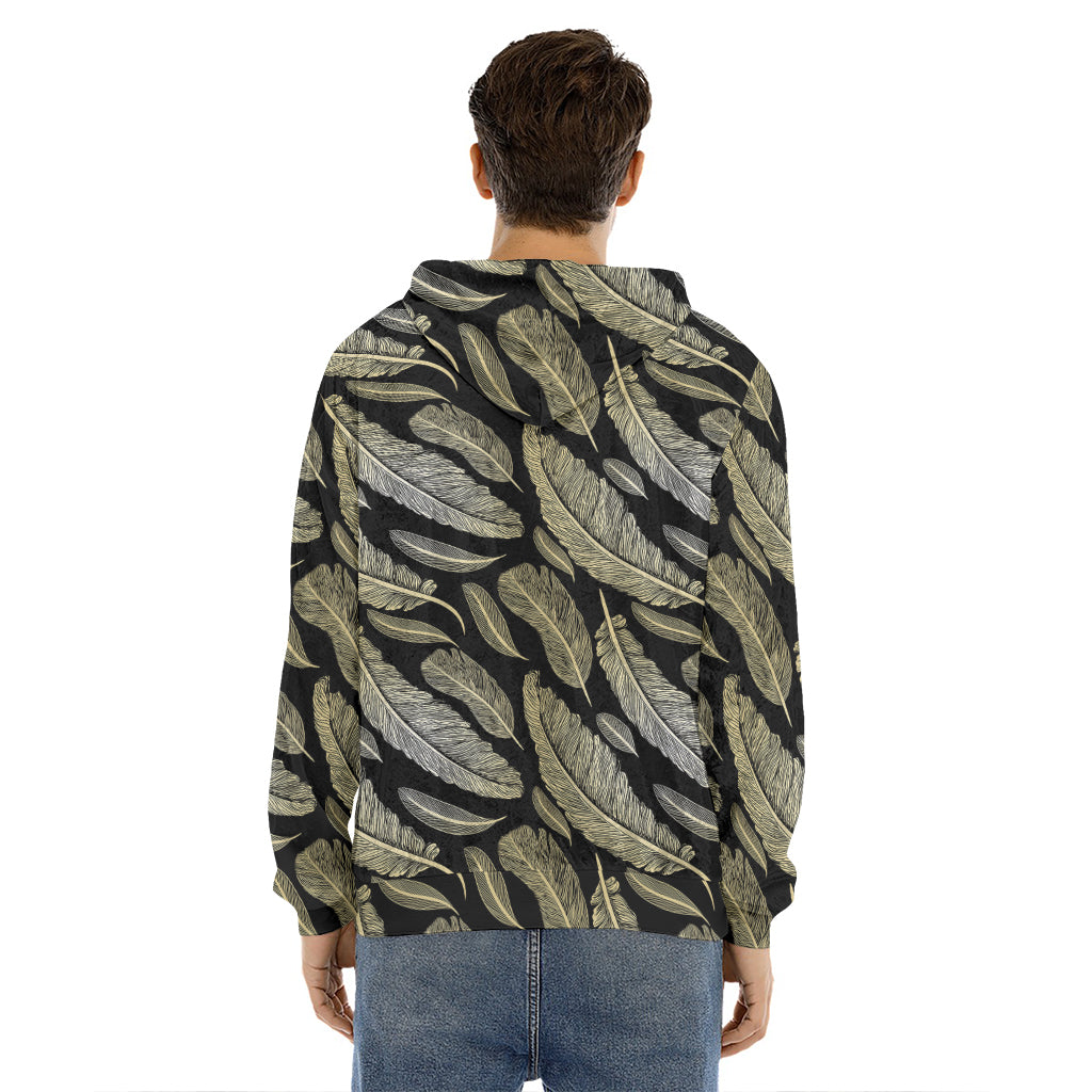 Gold And Black Feather Pattern Print Men's Velvet Pullover Hoodie