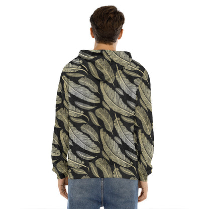 Gold And Black Feather Pattern Print Men's Velvet Pullover Hoodie