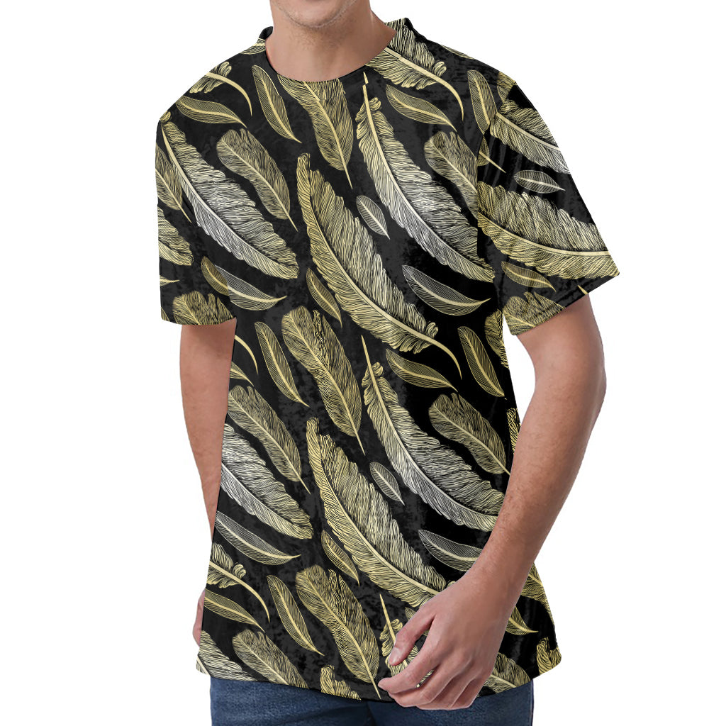 Gold And Black Feather Pattern Print Men's Velvet T-Shirt